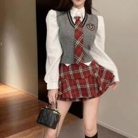 ราคา Long-Sleeve Plain Button-Up Crop Shirt / V-Neck Applique Striped Trim Sweater Vest / High Waist Plaid Mini A-Line Skort / Necktie / Set (1132390389)