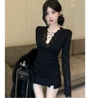 ราคา Long Sleeve V-Neck Plain Lace Up Lace Top (1132389168)