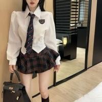 ราคา Long-Sleeve Applique Button-Up Crop Shirt / High Waist Plaid Layered Mini A-Line Skirt / Necktie / Set (1132390493)