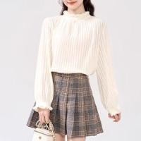ราคา Puff-Sleeve Mock Neck Striped Blouse Blouse - Almond - One Size (1132381475)
