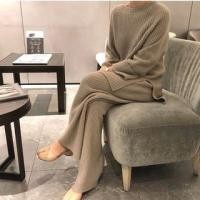 ราคา Set: Raglan-Sleeve Round Neck Slit Ribbed Sweater + Wide Leg Knit Pants (1132391860)