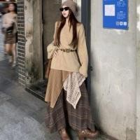 ราคา Long-Sleeve Crewneck Knit Top / High Waist Plaid Maxi A-Line Skirt / Belt (1132408503)