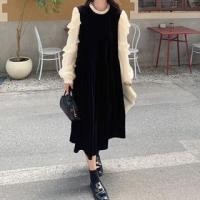 ราคา Long-Sleeve Stand Collar Mock Two-Piece Two Tone Frill Trim Velvet Midi Tunic Dress (1132416239)