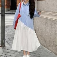 ราคา Long-Sleeve Two Tone Asymmetrical Frill Trim Half-Buttoned Midi Tunic Shirt Dress (1132416203)