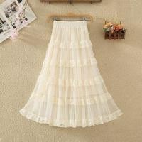 ราคา High Rise Plain Lace Trim Mesh Panel Midi A-Line Skirt (1131669081)