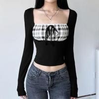 ราคา Long Sleeve Square Neck Plaid Panel Crop Top (1132406656)