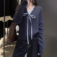 ราคา V-Neck Mock Two-Piece Bow Accent Frill Trim Cable Knit Sweater (1132424038)