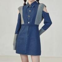 ราคา Long-Sleeve Collar Cutout Knit Panel Denim Mini A-Line Dress / Denim Top / Mini Pencil Skirt / Midi Skirt / Bootcut Jeans (1126995023)