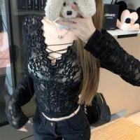 ราคา Long-Sleeve V-Neck Lace-Up Lace Slim Fit Crop Top (1132423950)