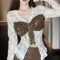ราคา Long Sleeve V-Neck Lace Up Faux Leather Panel Lace Top (1132429230)