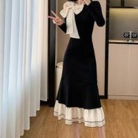 ราคา Long-Sleeve Cold Shoulder Two Tone Bow Accent Midi Mermaid Knit Dress (1132436169)