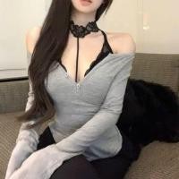 ราคา Off-Shoulder Long-Sleeve Plain Tee / Halter-Neck Lace Bra Top (1132442028)