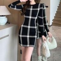 ราคา Long Sleeve Crew Neck Plaid Knit Mini Sheath Dress (1132445276)