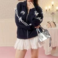 ราคา Plus Size Collared Lettering Embroidered Bow Accent Striped Trim Zip-Up Jacket (1130670197)