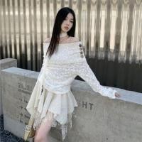 ราคา Long-Sleeve Off-Shoulder Plain Buttoned Lace Blouse / High Waist Asymmetrical Layered Mini A-Line Skirt / Skinny Scarf / Set (1132464599)