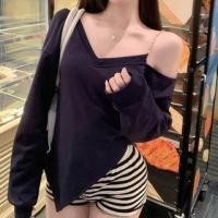 ราคา Chain Strap Cold Shoulder Plain Asymmetrical Sweatshirt (1132472728)
