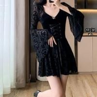 ราคา Bell-Sleeve Jacquard Panel Lace-Up Velvet Panel Mini A-Line Dress (1132463694)