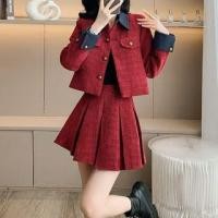 ราคา Collar Denim Panel Tweed Button Jacket / Long-Sleeve Plain Knit Top / High Waist Pleated Mini A-Line Skirt / Set (1132463754)