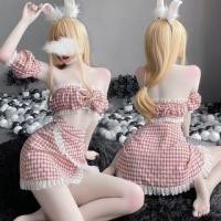 ราคา Set: Plaid Bow Accent Frill Trim Cutout Crop Tube Top +Asymmetrical Mini Pencil Skirt + Arm Sleeves + G-String Set Of 4 - Tube Top & Skirt & Arm Sleeves & G-String - Red - One Size (1132474338)