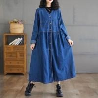 ราคา Long-Sleeve V-Neck Pocket Detail Denim Maxi Smock Dress (1132472928)