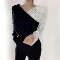 ราคา Long-Sleeve V-Neck Collared Mock Two-Piece Striped Knit Panel Blouse (1132499513)