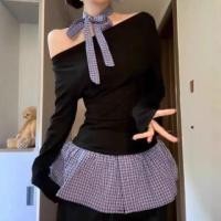 ราคา Long Sleeve Off Shoulder Plaid Panel Crop Top (1132501012)
