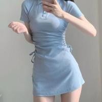ราคา Short-Sleeve Plain Drawstring Mini Polo Bodycon Dress (1128949590)