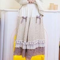 ราคา Elastic Waist Floral Print Gingham Panel Bow Accent Fringed Midi A-Line Skirt Almond - One Size (1132502716)