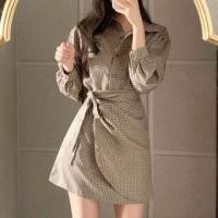 ราคา Long-Sleeve Plaid Tie-Side Button-Up Mini Shirtdress (1132504455)