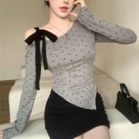 ราคา Long Sleeve Cold-Shoulder Tie-Strap Dotted Slim-Fit Top (1132510364)