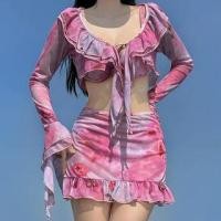 ราคา Set: Long-Sleeve Tie Dye Cover-Up Top + Swim Skirt + Bikini Top + Bottom (1132503095)