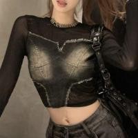 ราคา Long-Sleeve Crew Neck Frayed Denim Panel Mesh Slim Fit Crop Top (1125552205)
