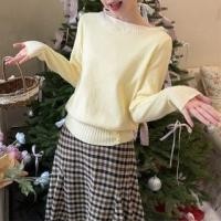 ราคา Long-Sleeve Boat Neck Mock Two-Piece Lace Panel Knit Top / High Waist Plaid Midi A-Line Skirt (1132514872)
