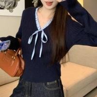 ราคา Long-Sleeve V-Neck Frill Trim Tie Front Slim Fit Knit Top (1132513868)