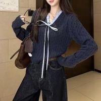 ราคา Mock Two-Piece Long-Sleeve V-neck Ruffle Trim Bow Sweater (1132532296)
