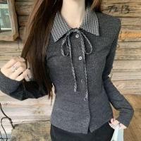 ราคา Long Sleeve V-Neck Tie-Front Plaid Paneled Slim-Fit Knit Top (1132521088)