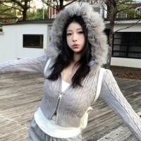 ราคา Long Sleeve Plain Cable-Knit Furry-Trim Hooded Slim-Fit Zip-Up Cardigan (1132535058)