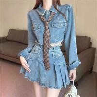 ราคา Set: Washed Pocket Detail Denim Cropped Single-Breasted Jacket + High Waist Pleated Mini A-Line Skirt (1132546543)