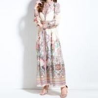 ราคา Long Sleeve Collared Patterned Print Ruffle Belted Maxi A-Line Shirt Dress (1132551676)