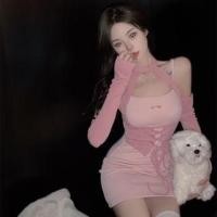 ราคา Set: Spaghetti Strap Plain Mini Sheath Dress + Long Sleeve Cold Shoulder Plain Cutout Lace Up Top Set Of 2 - Top & Dress - Pink - One Size (1132572276)