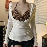 ราคา Mock Two-Piece Long-Sleeve Halter Leopard Print Panel Slim Fit T-Shirt (1132566116)