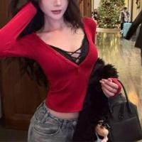 ราคา Long-Sleeve V-Neck Plain T-Shirt / Lace Bra Top (1132551600)