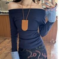 ราคา Long-Sleeve Off Shoulder Plaid Panel Top (1132558164)