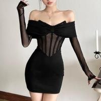 ราคา Off-Shoulder Long-Sleeve Mesh Panel Bowknot Mini Bodycon Dress (1132558617)