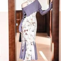 ราคา Set: Sleeveless Mandarin Collar Floral Patterned Panel Velvet Maxi Mermaid Dress + Long Sleeve One Shoulder Plain Crop Top (1132620463)