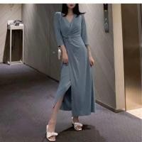 ราคา 3/4-Sleeve V-Neck Plain Midi A-Line Dress (1132627998)
