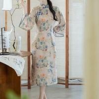 ราคา 3/4-Sleeve Floral Print Midi A-Line Qipao (1132620532)