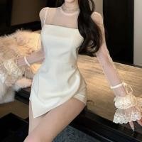 ราคา Bell Sleeve Round Neck Plain Bow Asymmetrical Panel Mesh Mini Sheath Dress (1132696461)