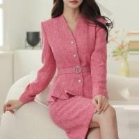 ราคา Set: V-Neck Plaid Peplum Single-Breasted Jacket + High Waist Pencil Skirt (1132702249)
