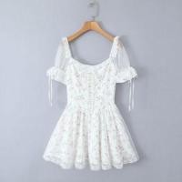ราคา Short-Sleeve Floral Lace-Up Mesh Panel Mini A-Line Dress (1132759000)